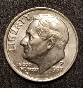 1997-P Roosevelt Dime Error Off Center Obverse AU - Picture 1 of 2