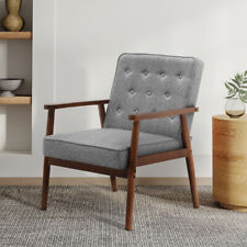 Upholstered Grey Linen Fabric Armchair Wooden Frame Button Back Single Sofa