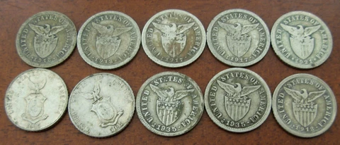 Philippines 1907-1944 Silver 10 Centavos Lot of 10 Coins Circulated Cover