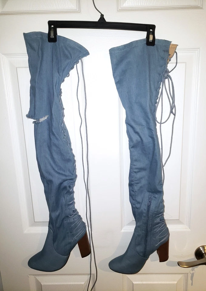 Chase + Chloe Azul Envejecido Denim Sobre la Rodilla Muslo Hasta Botas con Cordones 7 Foto 1 de 1