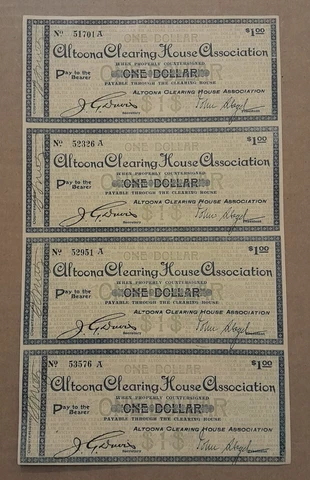 Altoona Clearing House Association Altoona, PA Uncut sheet 4 - $1 Panic of 1907 Cover