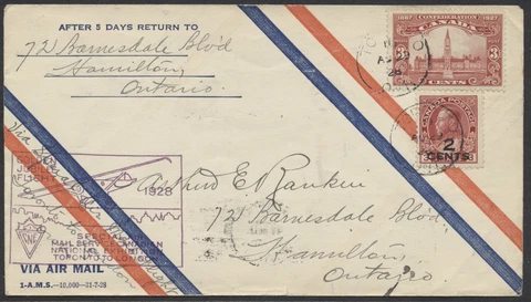 1928 #140 2c On 3c Admiral Provisional On Toronto to London Flight, AAMC #2839e Cover