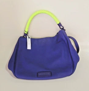 Borsa Marc By Marc Jacobs blu intenso in pelle ciottolata con manico in corda giallo neon - Foto 1 di 12