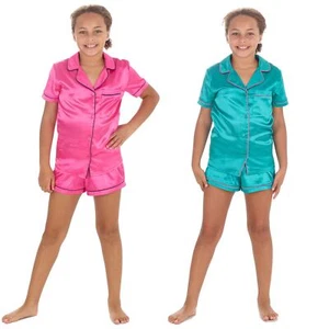 Girls Kids Satin Pyjamas Button Front Top and Shorts Pyjama Set Age 9-13 Years - Picture 1 of 9