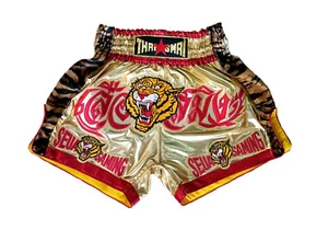 Seua Saming Tiger Muay Thai Kickboxing Spandex Shorts Gold Embroidery MMA K1 UFC - Picture 1 of 2