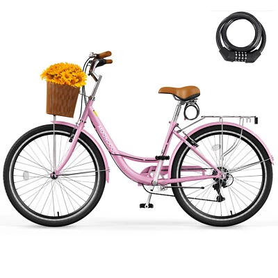 MOONCOOL 26Inch Beach Cruiser Bike, 7 Speed Women Pink Step-Through Commute Bike - Image 1 of 4