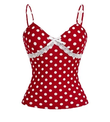 Hot Red Dotted Lace Trim Cami Tank Top S New Fitted Pin-up Y2K Style Going Out - Image 1 of 3