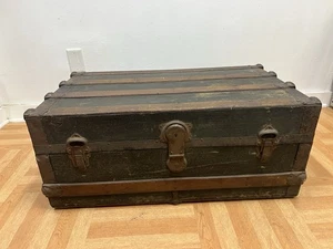 Vintage WOOD STEAMER TRUNK chest coffee table storage box antique decor brown PA - Picture 1 of 12