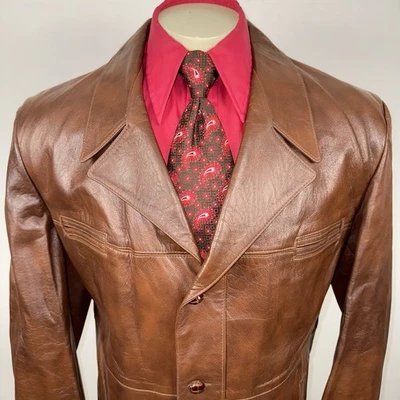 Vintage Grais Leather Jacket Trench Coat Bomber NOS 1970s Disco Mod 70s Mens 48 - Image 1 of 4