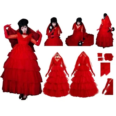 Movie Beetle Juice Lydia Cosplay Red Wedding Dress Suits Halloween Arrived 4 day - Image 1 of 4