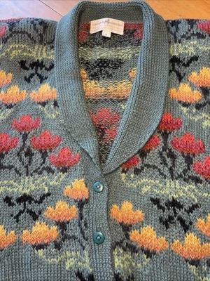 6 Peruvian Connection Vintage Art Deco Intarsia Alpaca Floral Cardigan Sweater S - Image 1 of 4