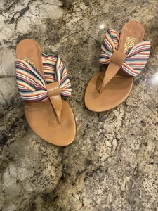 Salvatore Ferragamo Tan Kitten Heel Thong Sandals w/ Striped Bow 8 - Picture 1 of 6