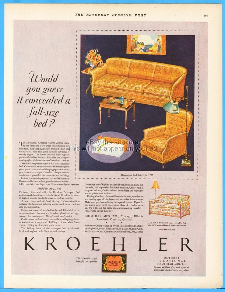 1928 Kroehler Furniture Print Ad 1920s Living Room Suite Sofa Chairs Chicago IL - Image 1 of 1