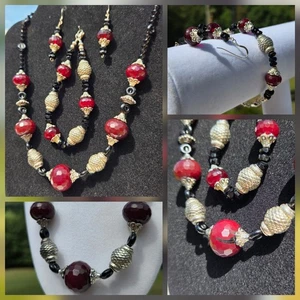 Vintage Sterling Silver Black & Deep Red Demi-Parure Necklace Bracelet Earrings - Picture 1 of 22