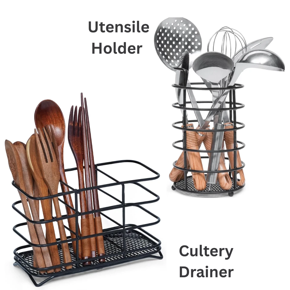 Escurridor de platos de cocina para cubiertos soporte de utensilios de acero recubierto negro de 3 niveles Foto 1 de 1