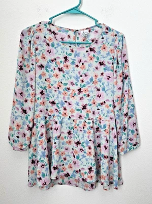 Blusa para mujer Elle rosa azul floral manga 3/4 CottageCore dobladillo peplum pequeña Foto 1 de 4