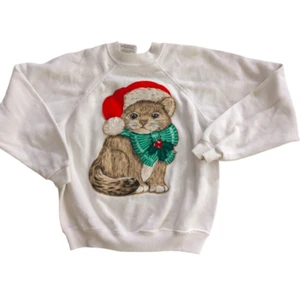 Vintage kids Christmas Kitty cat Holiday sweatshirt size medium 10/12 - Picture 1 of 5