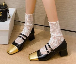 Womens Fashion Square Toe Ankle Strap Color Matching Mary Jane Shoes Mid Heels - Picture 1 of 15