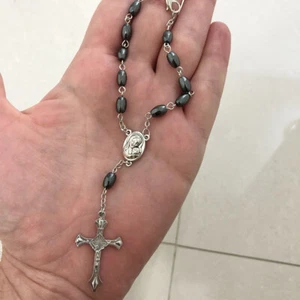 Auto Car Rearview Mirror Rosary Pearl Beads, Jerusalem Holy Soil Medal & Cross - Picture 1 of 3