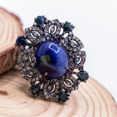 Vintage Taglio Ovale Cianite E Multi Gemma Diamante Cocktail Matrimonio Anello 7 - Immagine 1 di 4