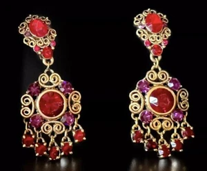 Joan Rivers Chandelier Earrings Gold Filigree Red Purple Rhinestone Vintage - Picture 1 of 6
