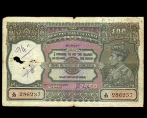 India 100  Rupees  1937 ** BOMBAY ** P-20a  *Signature J. B. Taylor * - Picture 1 of 4