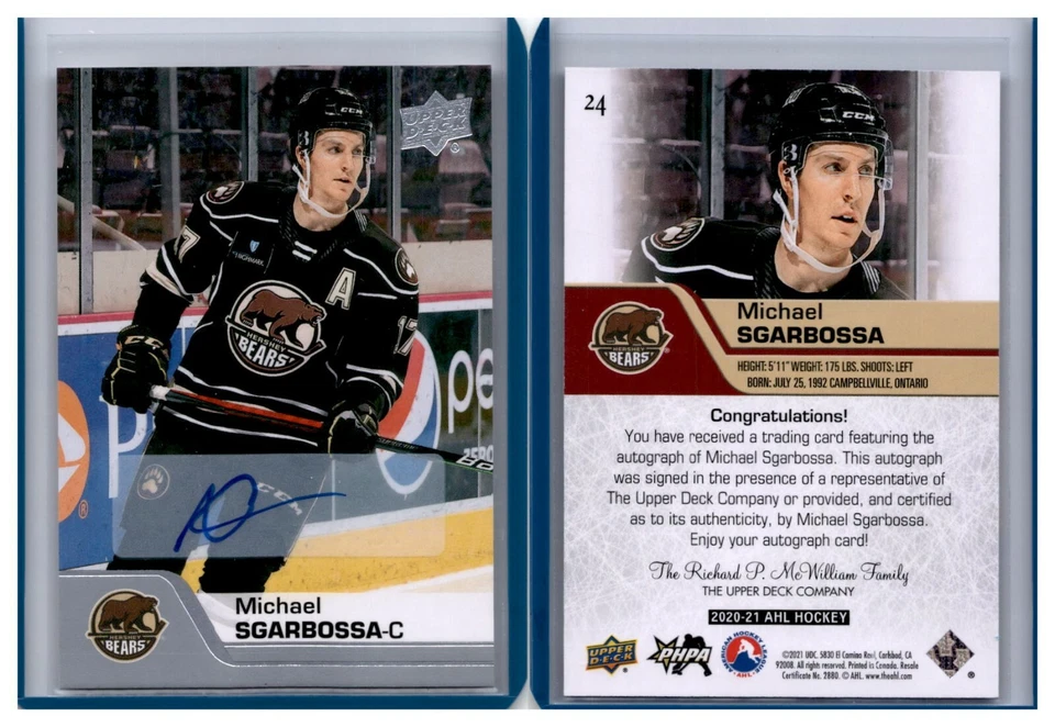 20/21 2020/21 Upper Deck AHL Autograph Auto #24 Michael Sgarbossa - Bears - Image 1 of 1