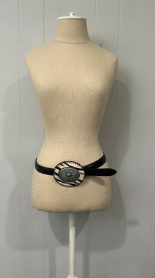 Fred Coen Santa Fe M Sterling Silver Turquoise Zebra Ponyhair Black Leather Belt - Image 1 of 4