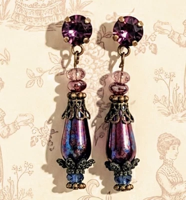 Victorian Wine Amethyst Swarovski Crystal & Glass Ornate Brass Earrings - Image 1 of 4