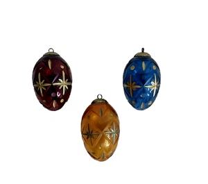 Vintage Midwest Kugel Glass Egg Ornaments Set of 3 Etched Stars Red Blue Gold 4” - Picture 1 of 13
