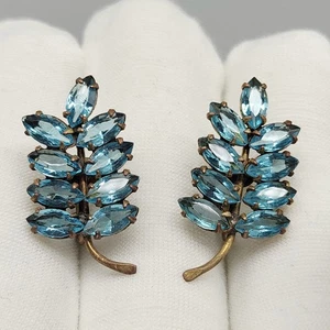Antique Aqua Glass Leaf Earrings Fern Vintage Navette Gold Tone Blue Rhinestones - Picture 1 of 5