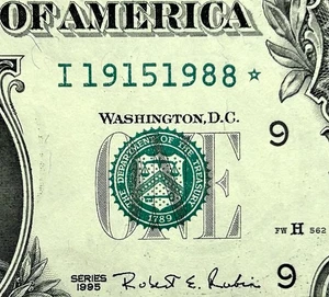 19151988* - Fancy Tombstone Star Note Serial - GEM 1995 $1 Federal Reserve Note - Picture 1 of 3