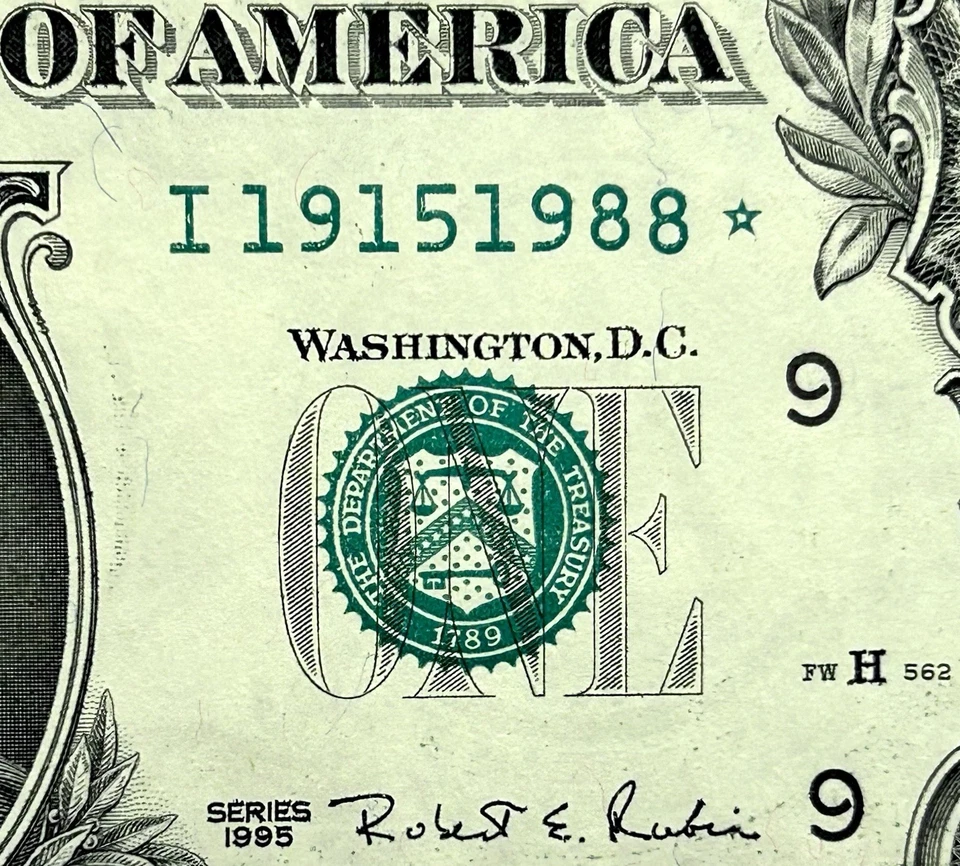 19151988* - Fancy Tombstone Star Note Serial - GEM 1995 $1 Federal Reserve Note - Image 1 of 3