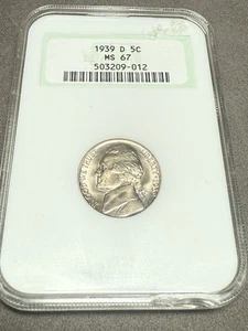 1939-D NGC MS67 - Toned Jefferson Nickel US 5c Coin Old Green Holder - Picture 1 of 7