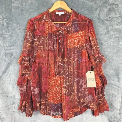 Frye And Co Top XL Patchwork Floral Western Boho Festival Ruffle Metallic NWT - Image 1 of 4