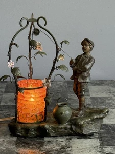 A de Ranieri Spelter Jugendstil Bronze Lampe - Frankreich Junge am Brunnen ca 1865 - 1929 - Bild 1 von 17