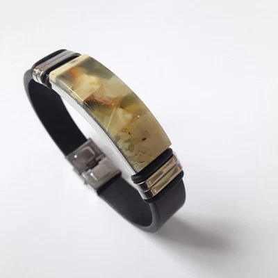 Pulsera ajustable unisex cuero natural negro y mosaico ámbar báltico  Foto 1 de 4