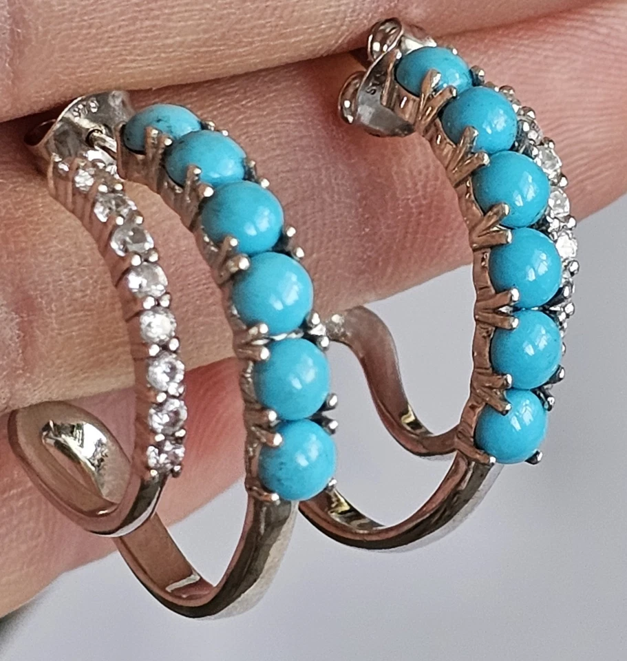 Pendientes tipo aro de plata esterlina circonita cúbica turquesa persa marca diseñadores de moda A/M Foto 1 de 4