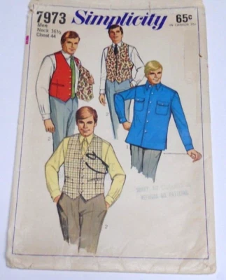1960s Simplicity 7973 Pattern, Men's vest, shirt, Neck 16 1/2; C44 Complete - Image 1 of 4