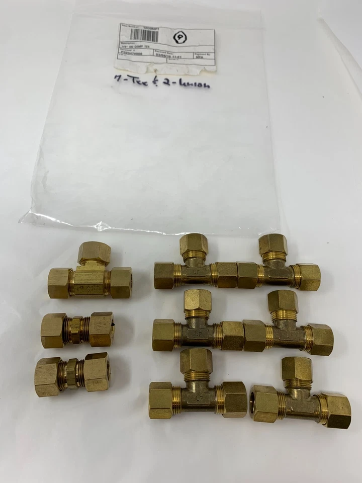 Lot of 9 1/2" OD 12COMPT Brass Compression Pipe Tee & Union Fittings - Image 1 of 3