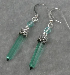 Orecchini lunghi rotondi sfaccettati punto quarzo Aqua Aura .925 argento sterling 2" - Foto 1 di 2