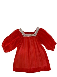 Grane Blouse Sequin Pleated Square Neck Sheer Lined Red Silver Girls Size XL - Picture 1 of 13