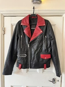 Asos Men’s Black & Red 100% Genuine Leather Studded Biker Jacket BNWT Size L - Picture 1 of 14