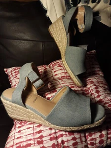 M&S Denim Wedge Sandals - Size 5.5 (EUR 38.5) Wide - Blue - Raffia Heels - Picture 1 of 8