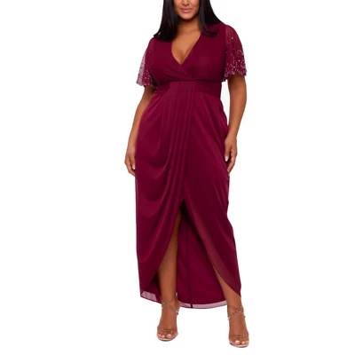 Betsy and Adam Elegant Burgundy Faux Wrap Embellished Sleeve Maxi Dress Sz 22 W - Image 1 of 3
