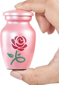 Small Pink Keepsake Urn for Human Ashes or Pet Ashes, Qty 1 (Rose Flower), Alumi - Picture 1 of 2
