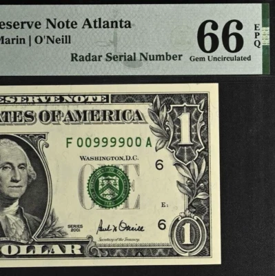 2001 $1 Federal Reserve Note PMG 66EPQ rare fancy radar serial number 00999900 - Image 1 of 3