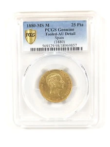 1880-MS Spain Gold 25 Pesetas PCGS AU Details Alfonso XII - POR LA G. DE DIOS - Picture 1 of 5