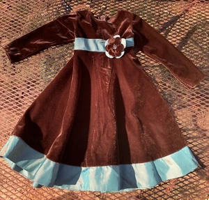 Sophie Rose Velvet Holiday Dress Girls Sz 4 Brown Sage Green Flower Detail - Picture 1 of 9