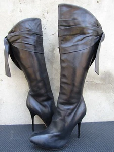 Alexander Mcqueen Tall Heel Boots Black Tie Knot Leather Sz- EU 36.5 | US 6.5 - Picture 1 of 9